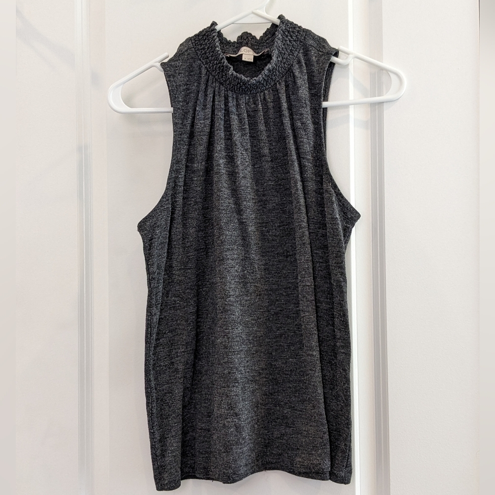 LOFT Petite Smocked Mock Neck Shell (Heather Silver Lake Gray, Size SP)